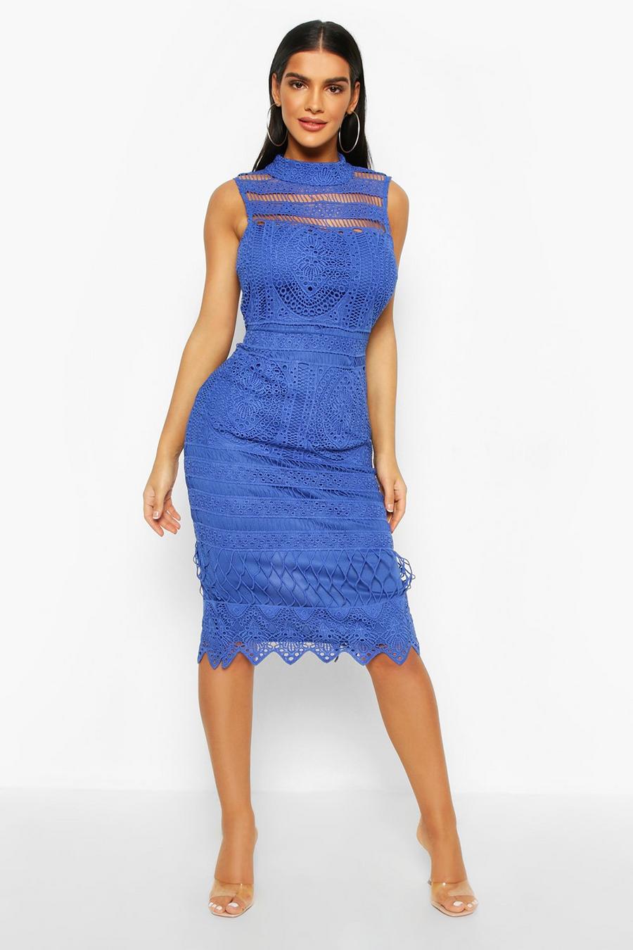 Cobalt High Neck Crochet Lace Bodycon Midi Dress image number 1