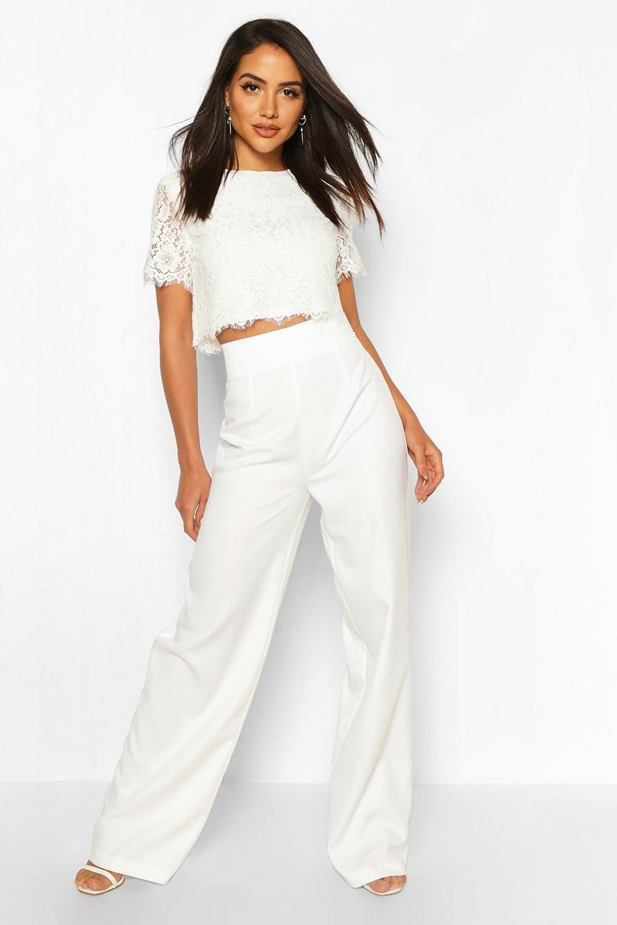 White Woven Lace Top & Wide Leg Pants image number 1