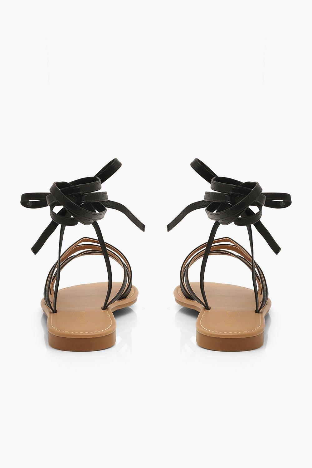 black ankle tie flat sandals