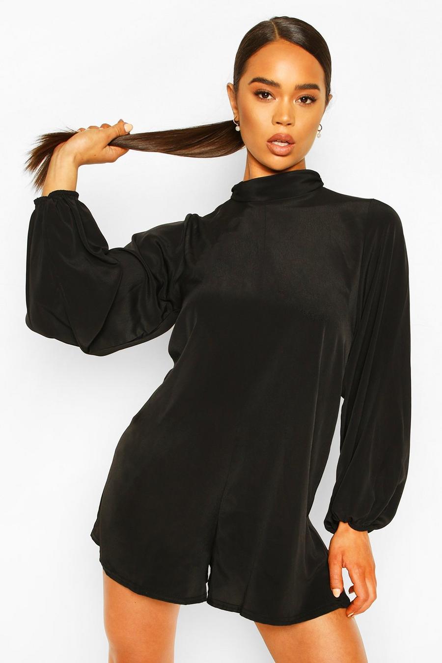High Neck Blouson Sleeve Woven Playsuit image number 1