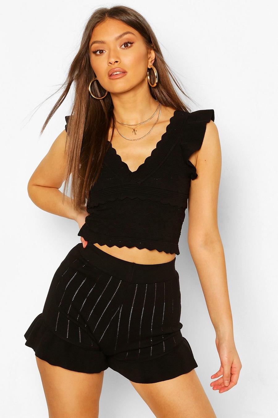 Black Premium Pointelle Ruffle Knit Short Set image number 1