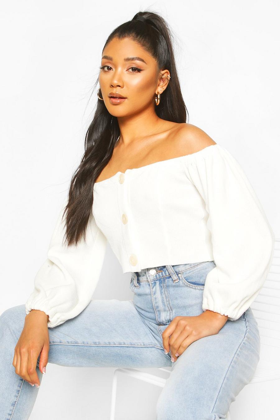 Cream Knitted Off The Shoulder Button Detail Crop Top image number 1