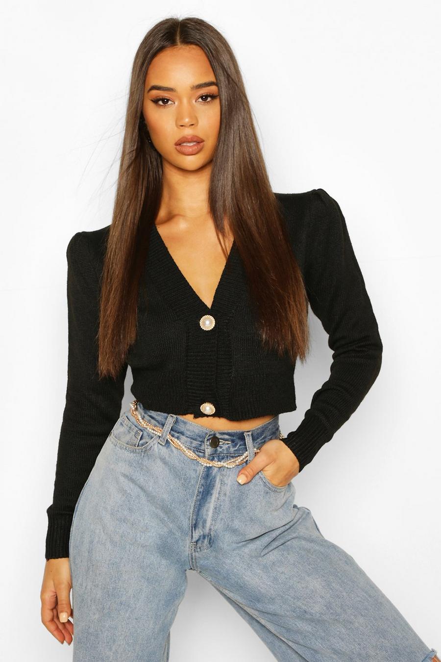 Black Cropped Knitted Puff Sleeve Cardigan image number 1