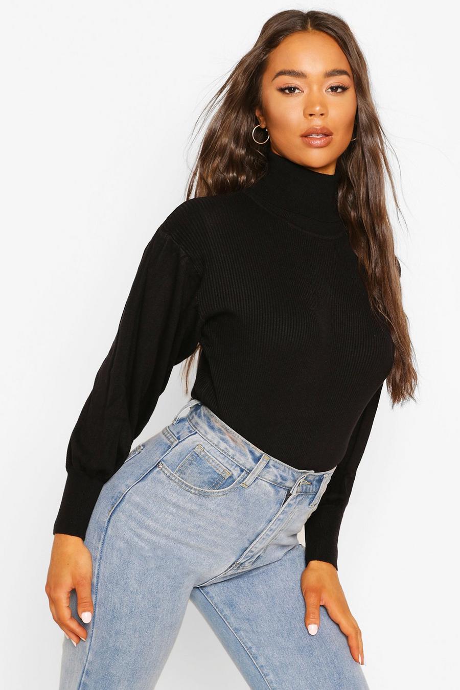Rib Knit Balloon Sleeve Roll Neck Top image number 1