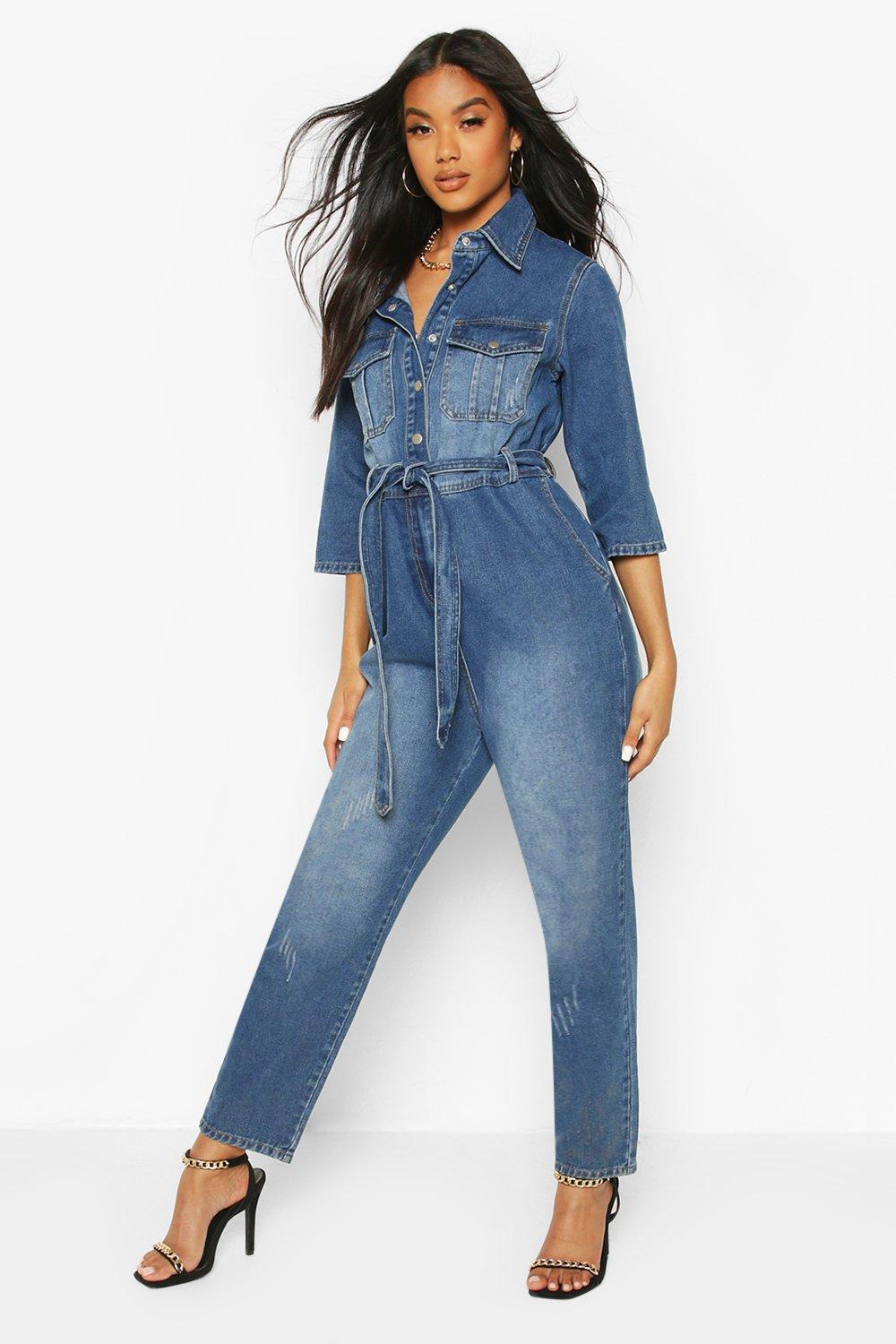 Belted Denim Boilersuit Boohoo