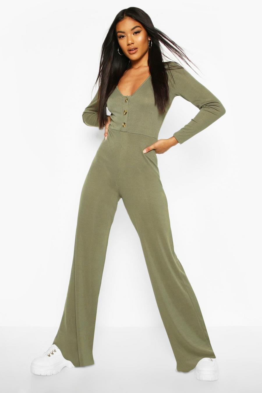 Ribbed Button Detail Wide Leg Jumpsuit image number 1