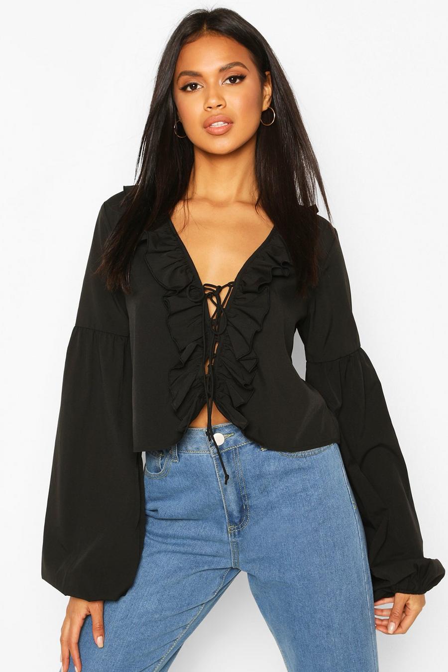 Black Woven Ruffle Detail Lace Up Blouse image number 1