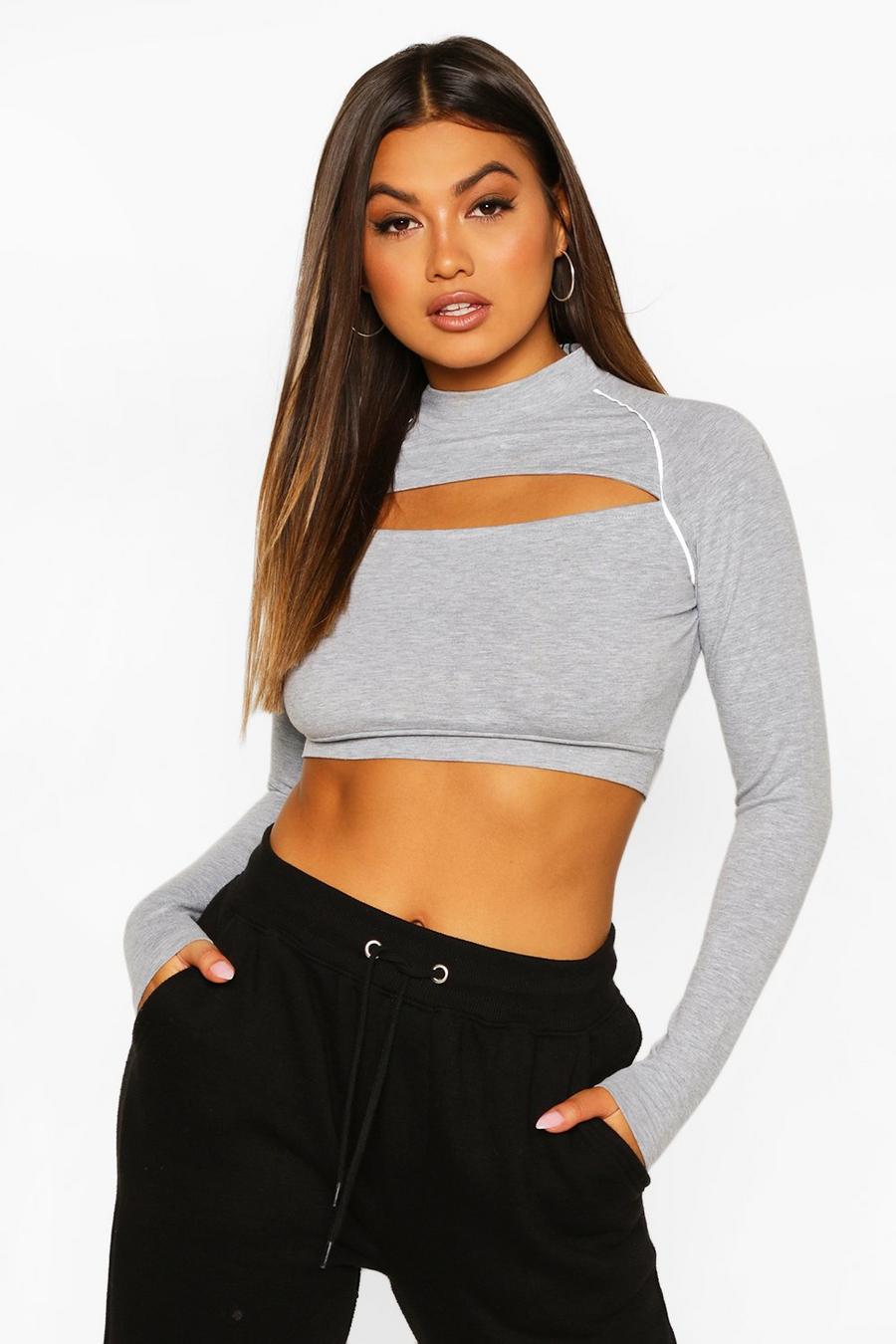 High Neck Cut Out Reflective Piping Crop Top image number 1
