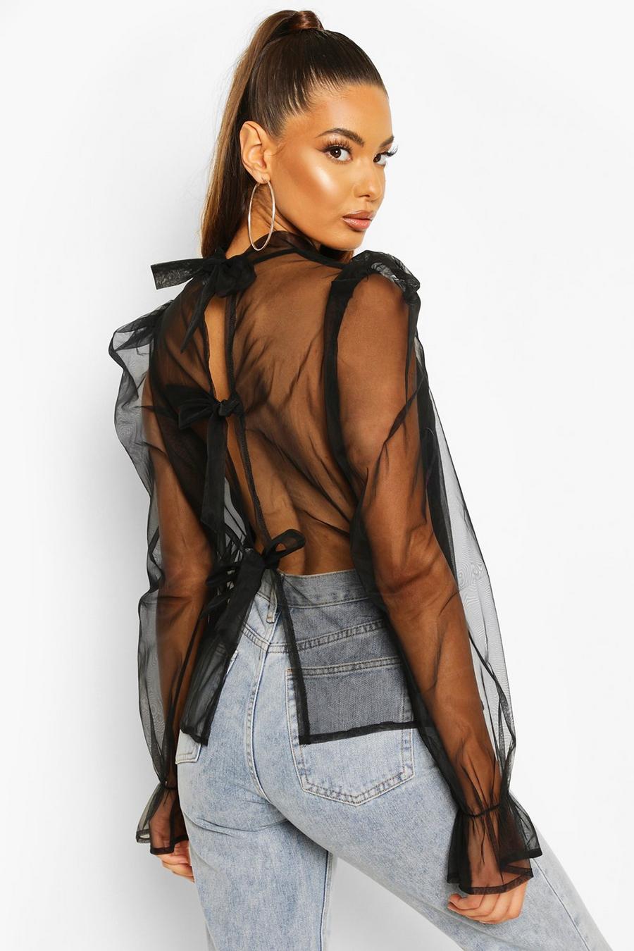 Black Organza Puff Sleeve Pussy Bow Blouse image number 1