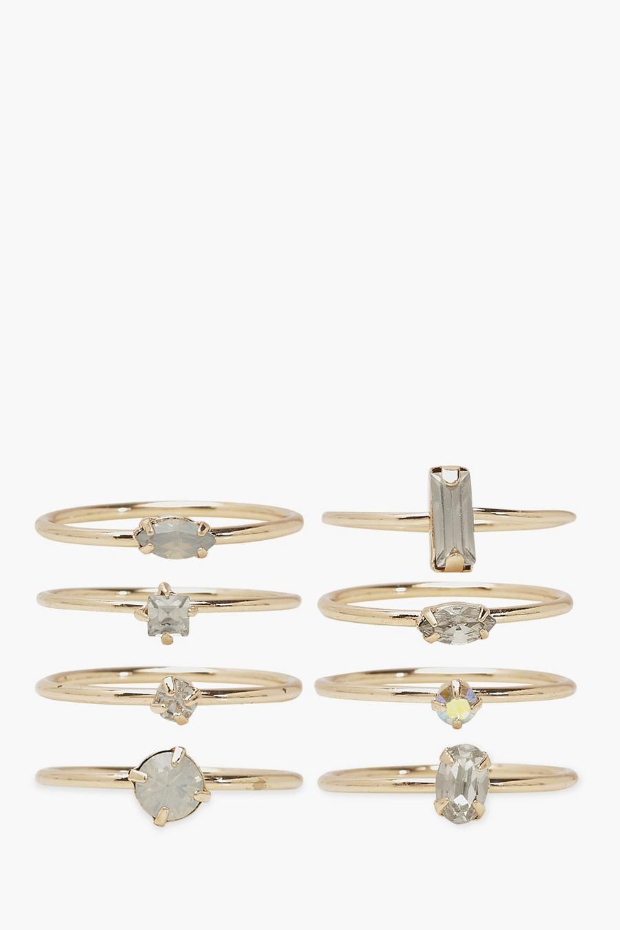 Gold Diamante Stone Stacking 8 Pack Rings image number 1