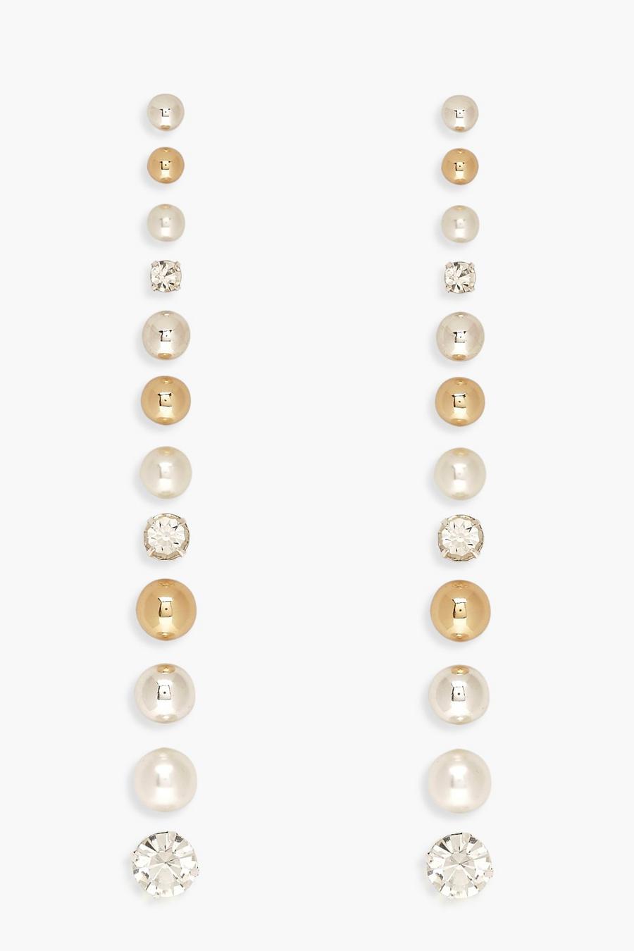 מולטי מארז 12 זוגות עגילים צמודים מעורבים עם פנינים ודיאמנטה image number 1