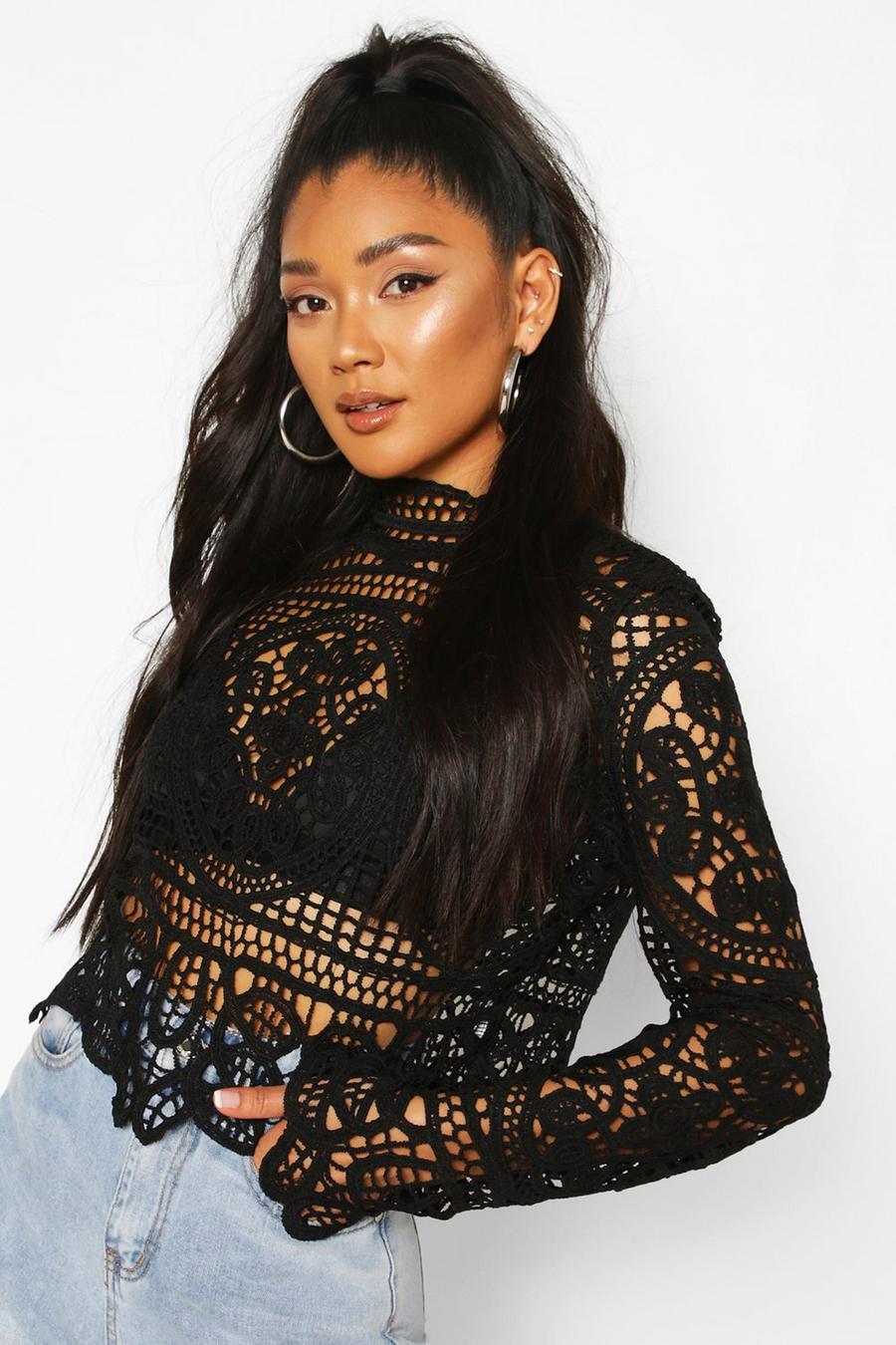 Black Crotchet Lace Long Sleeve Top image number 1