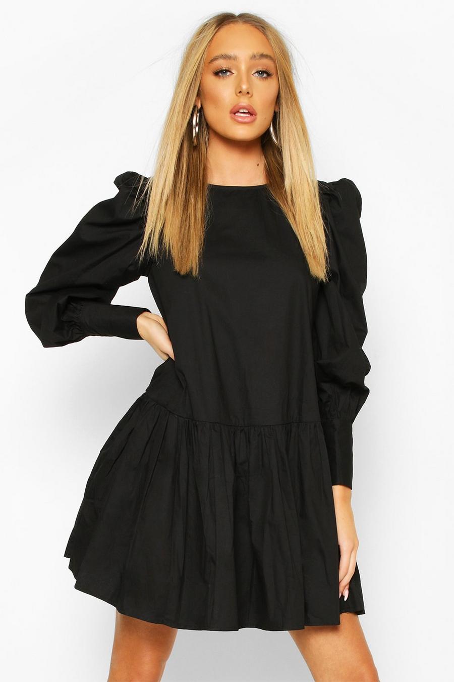 Black Big Sleeve Peplum Cotton Shirt Dress image number 1