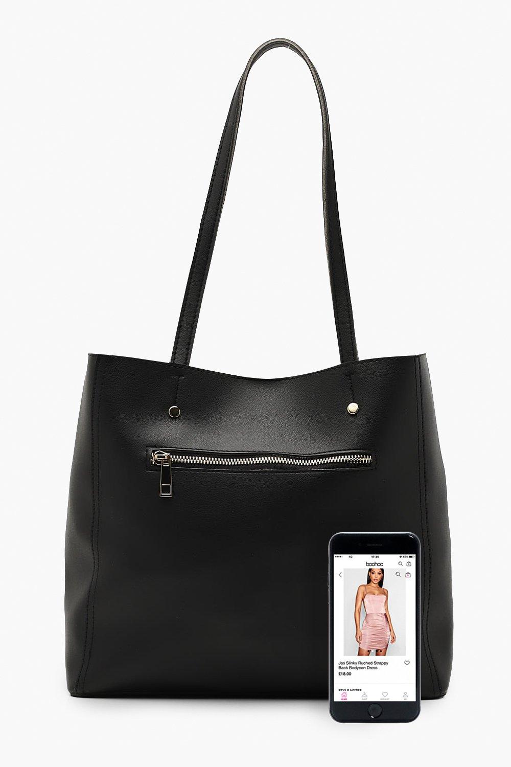 Black zip shop tote handbag