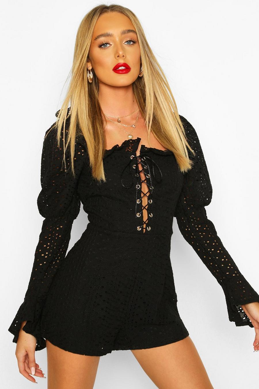 Broderie Anglaise Puff Sleeve Lace Up Playsuit, Black image number 1