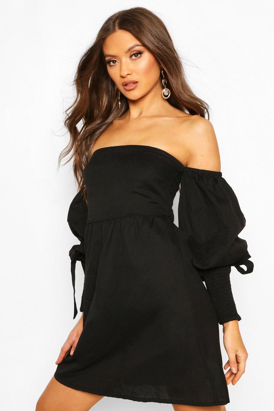 Linen Off Shoulder Shirred Sleeve Mini Dress, Black image number 1