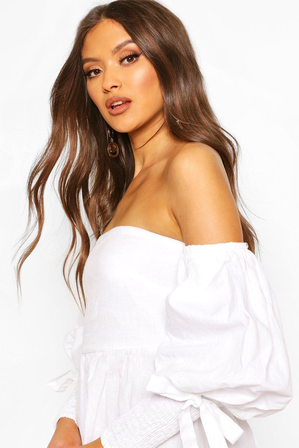 white linen off shoulder dress