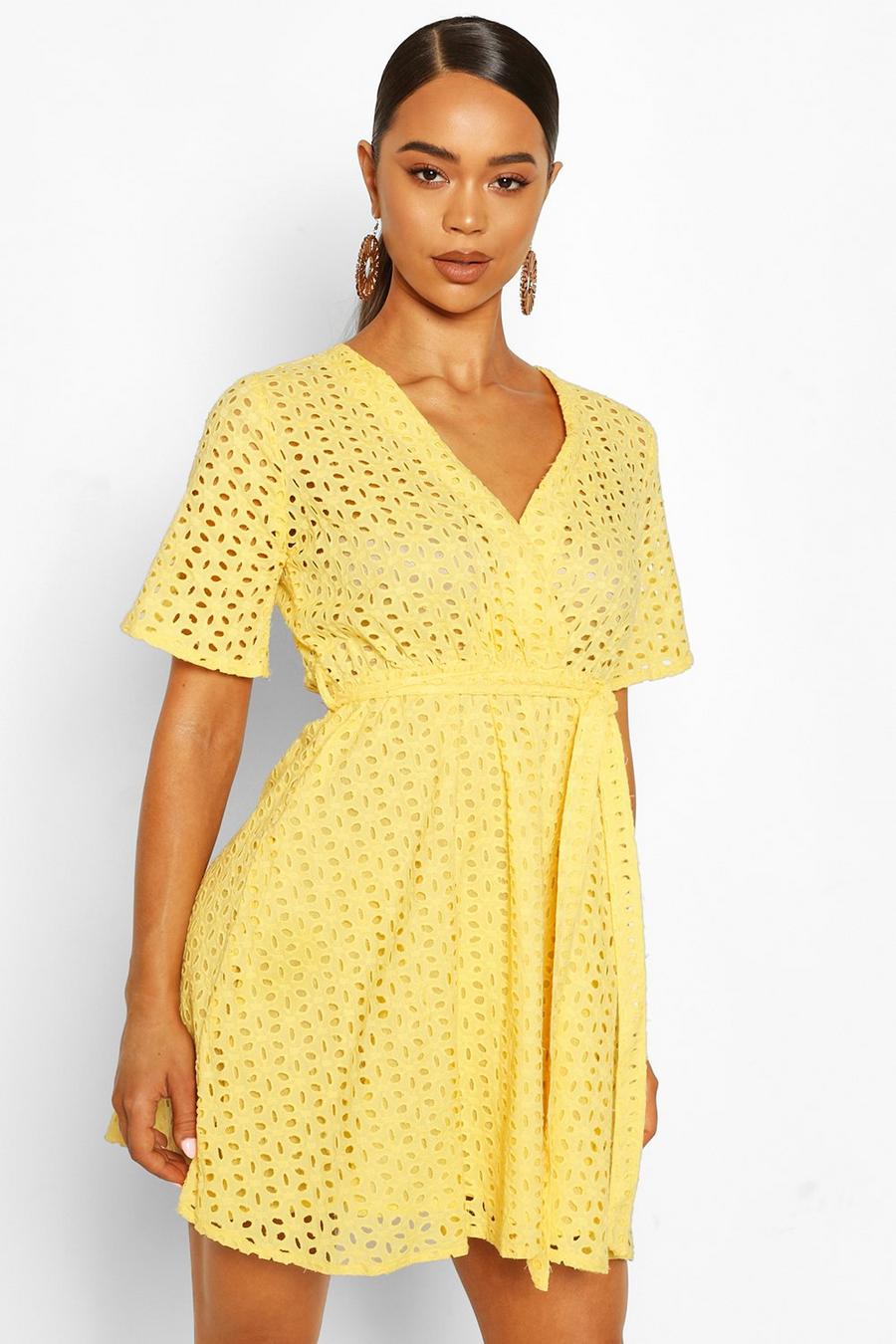 Yellow Broderie Wrap Kimono Sleeve Belted Skater Dress image number 1