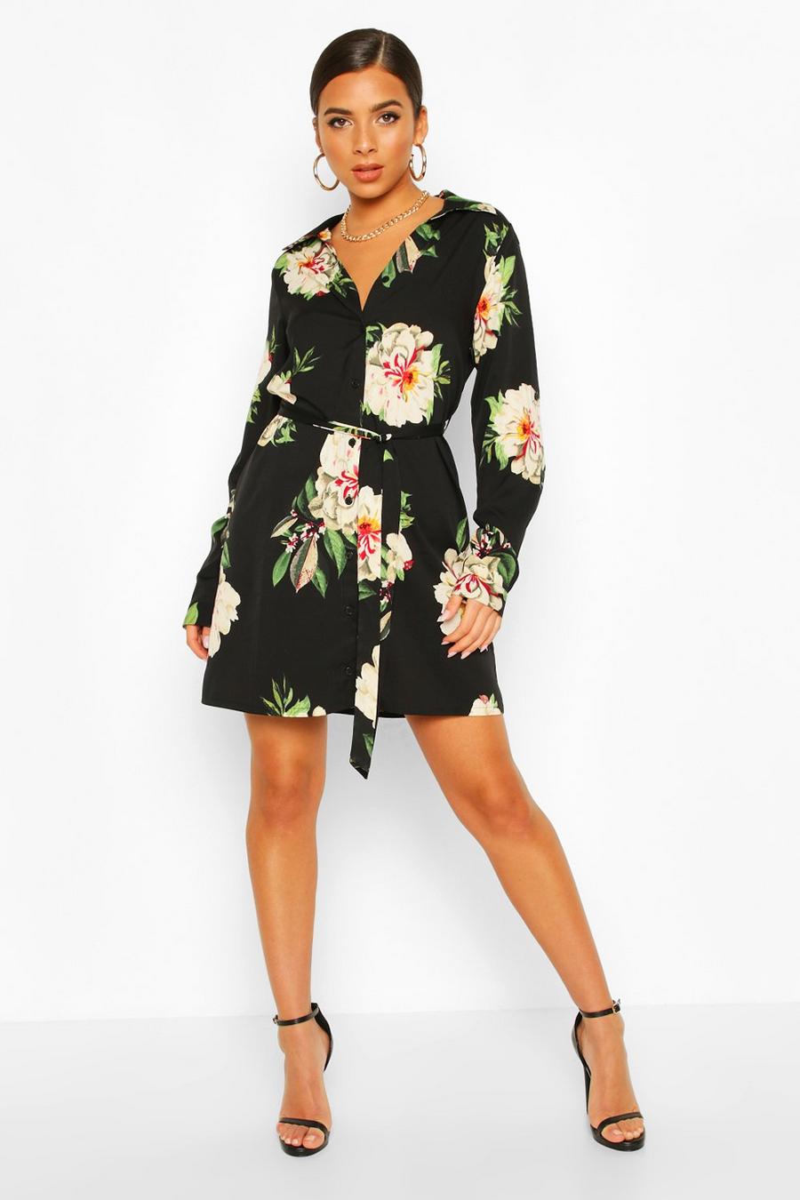 Black Floral Belted Shirt Dress image number 1