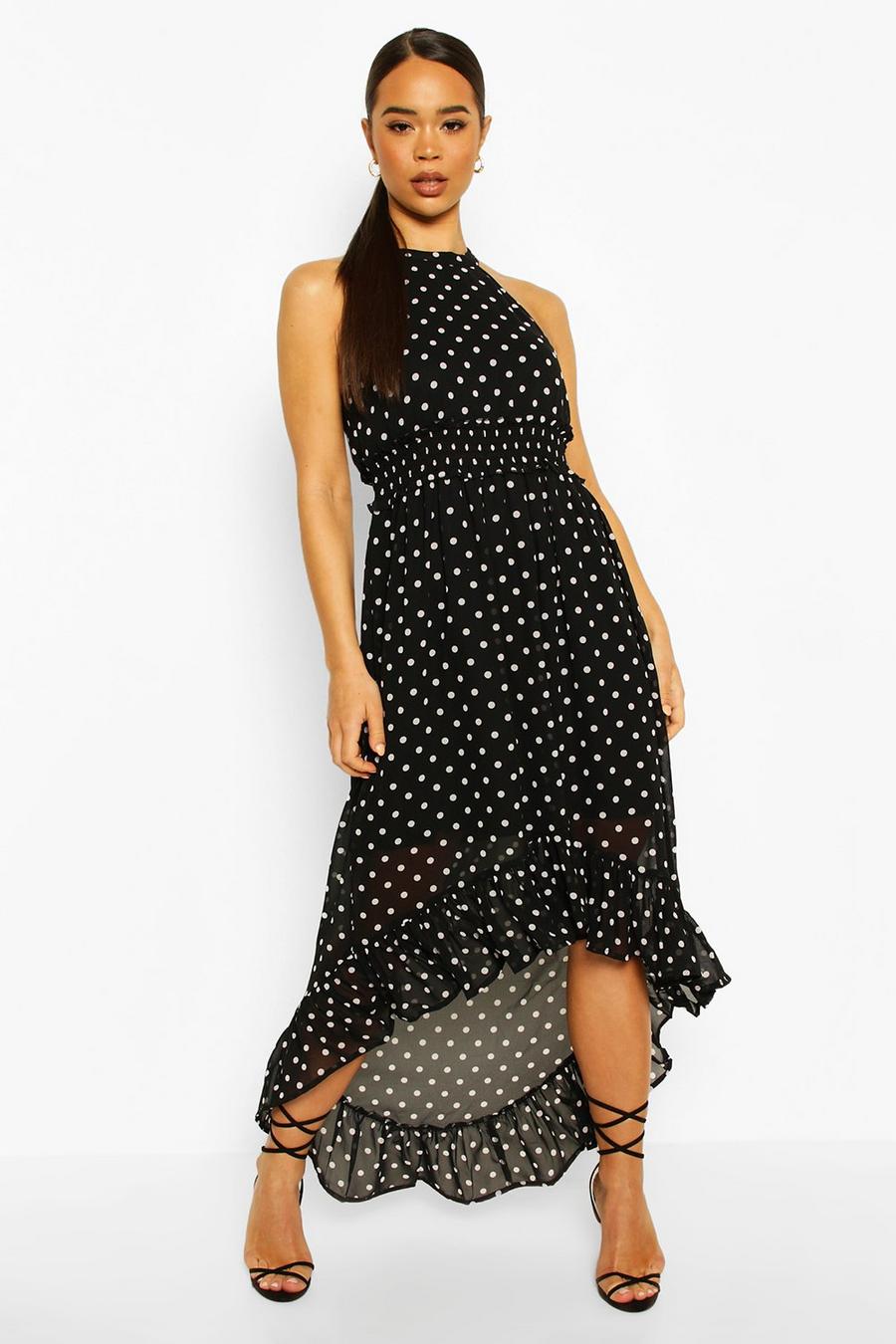 Black svart Polka Dot High Neck Shirred Waist Maxi Dress image number 1