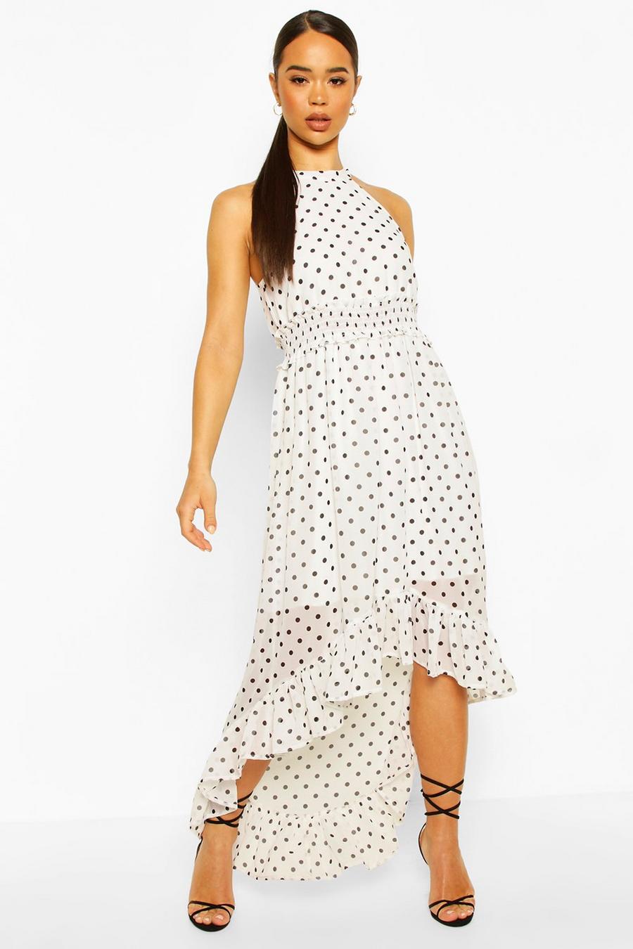 White Polka Dot High Neck Shirred Waist Maxi Dress image number 1