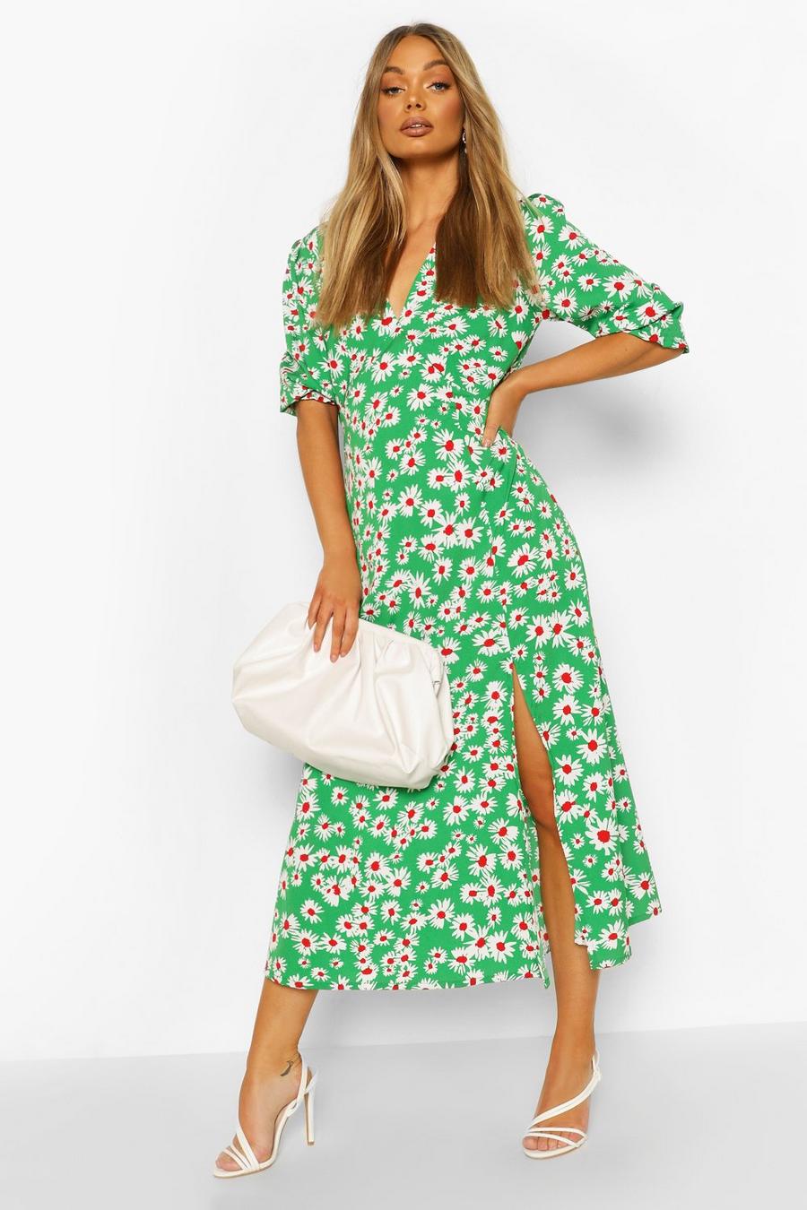 ירוק שמלת מידקסי צווארון וי עם הדפס חרציות ושסע קדמי image number 1