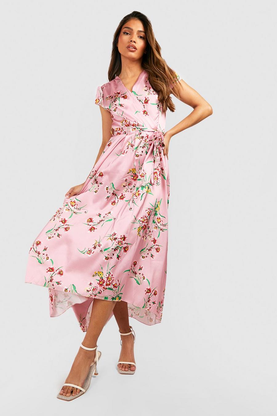 Blush rosa Blommig midaxiklänning med knytskärp och holkärm image number 1
