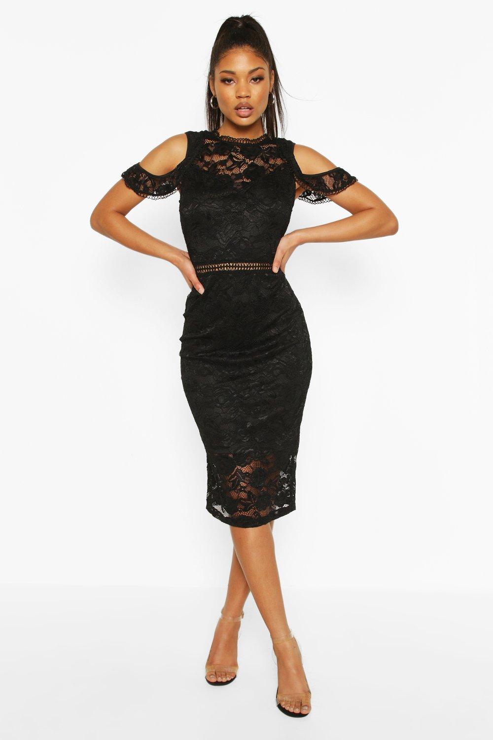 black lace crochet high neck midi dress