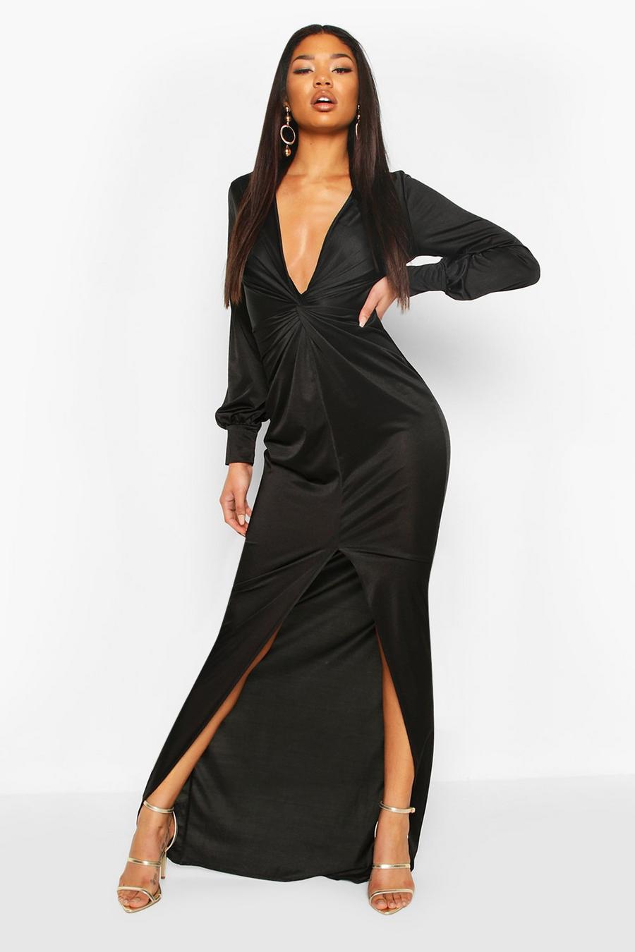 Zwart Nauwsluitende maxi-jurk met gedraaide voorkant en v-hals image number 1
