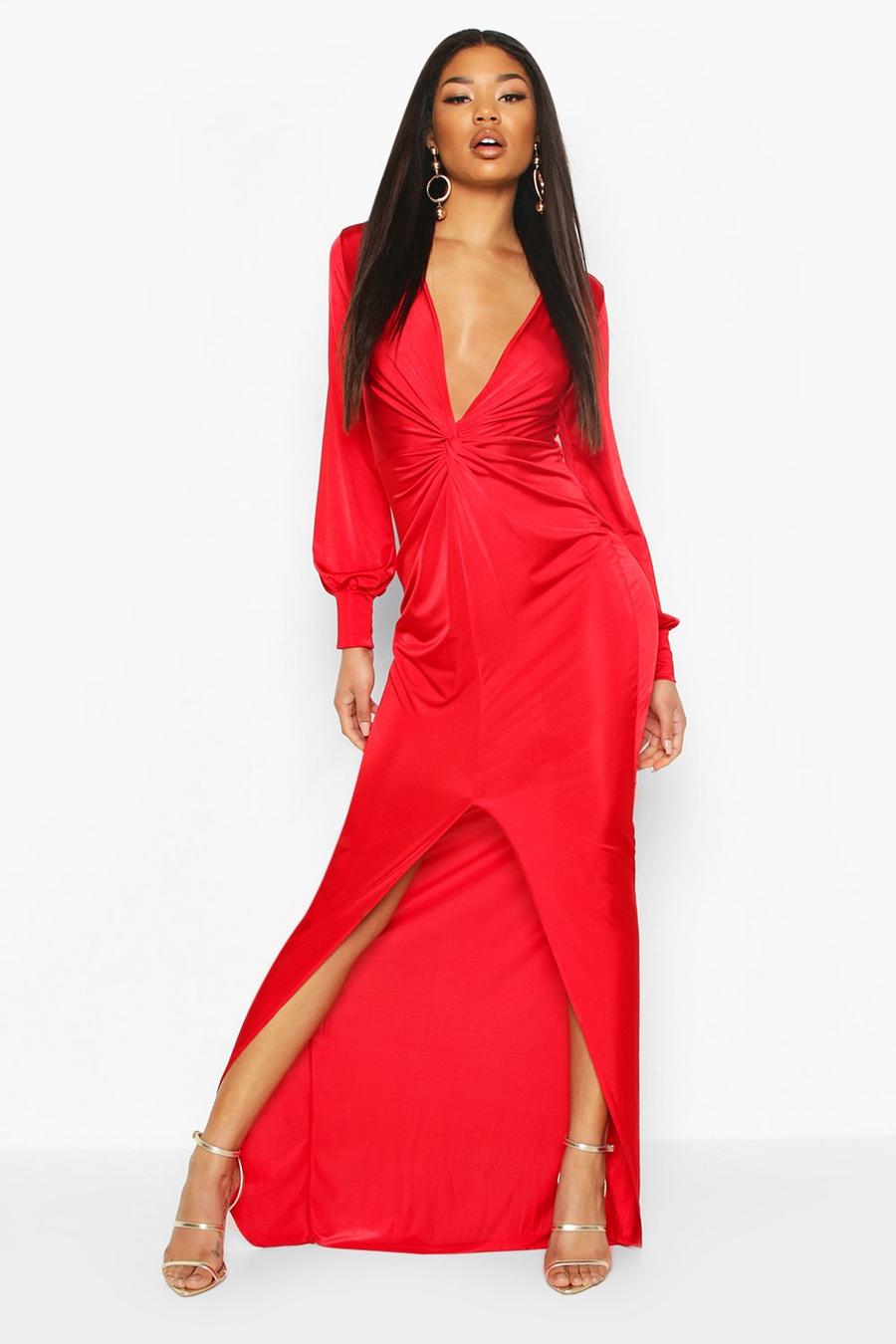 Red Twist Front Plunge Slinky Maxi Dress image number 1