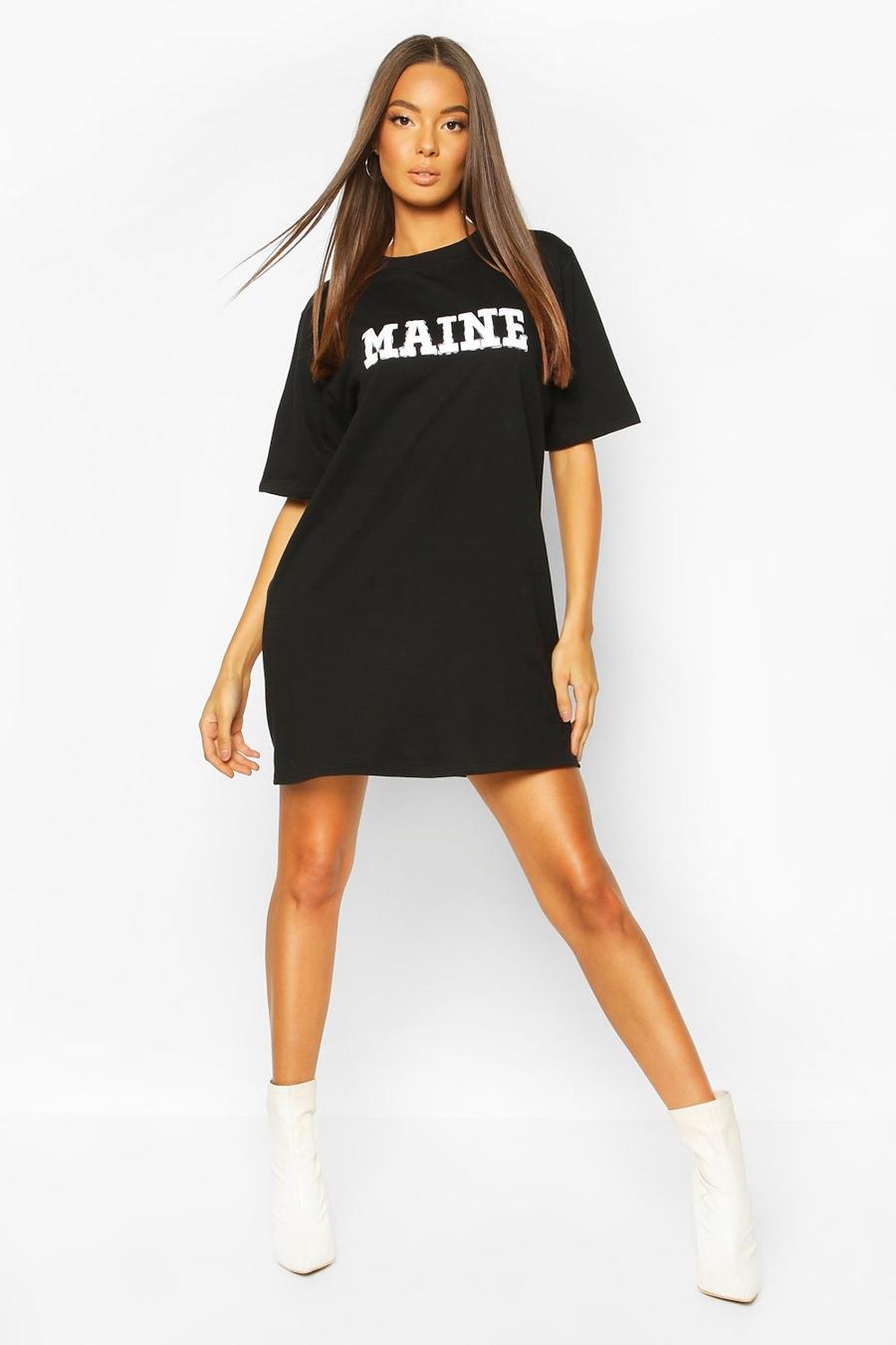 Kurzärmeliges T-Shirt-Kleid mit Maine-Slogan, Schwarz image number 1