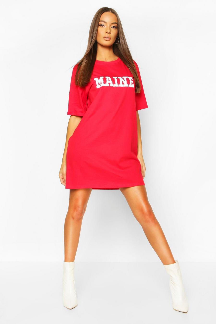 Kurzärmeliges T-Shirt-Kleid mit Maine-Slogan, Rot image number 1