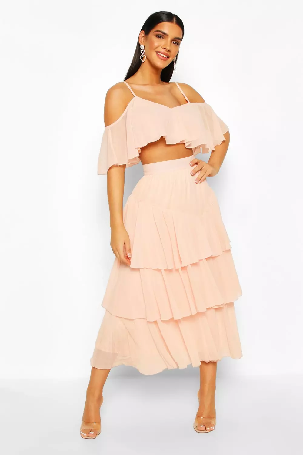 Pink ruffle midi skirt best sale