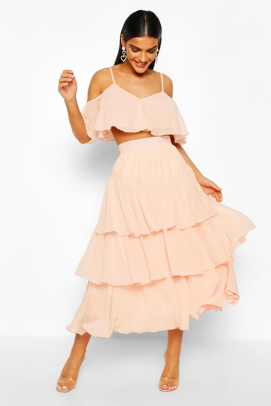 Blush pink Chiffon Shoulder Top & Ruffle Midi Skirt Co-Ord Set image number 1