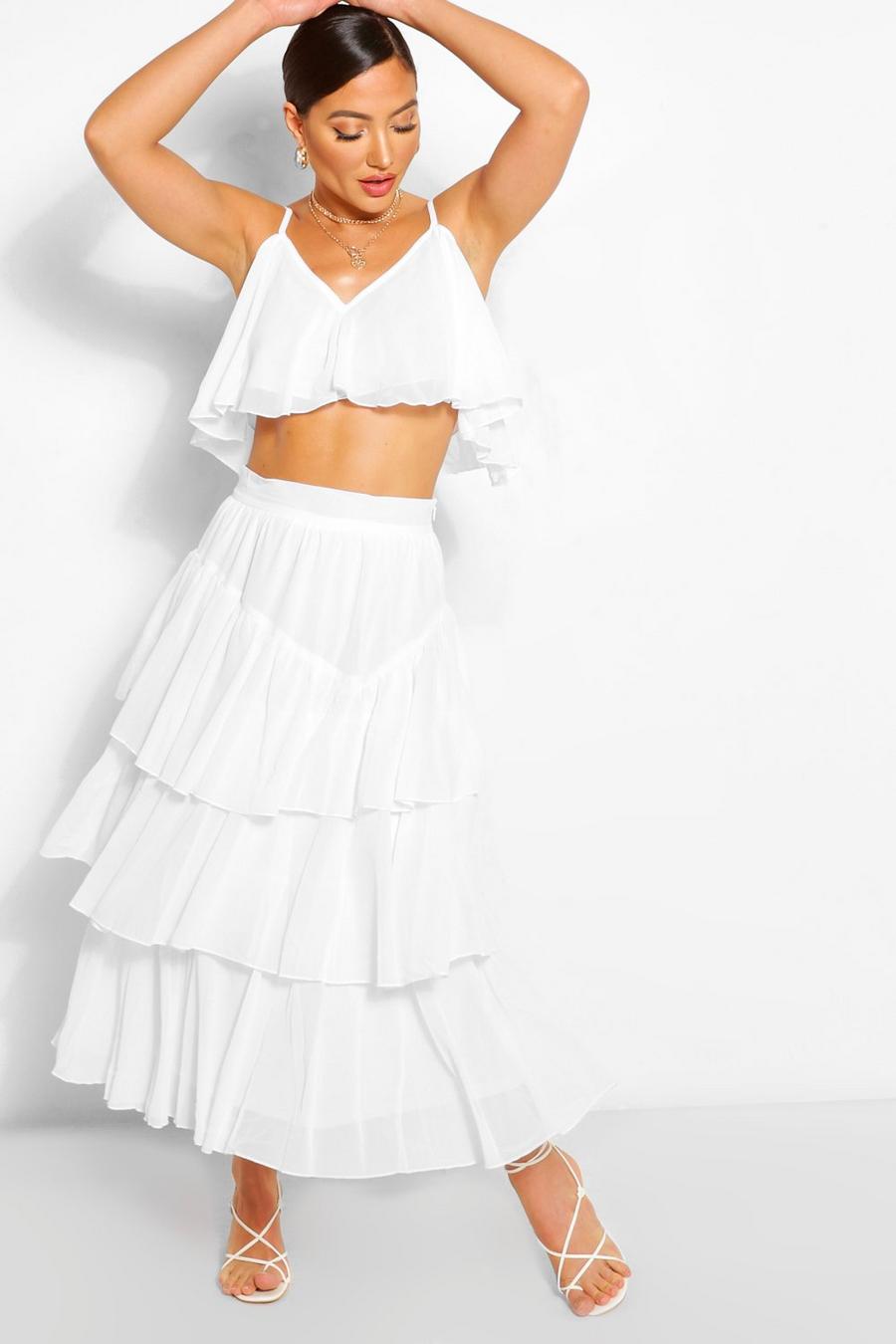 White Chiffon Shoulder Top & Ruffle Midi Skirt Co-ord Set image number 1