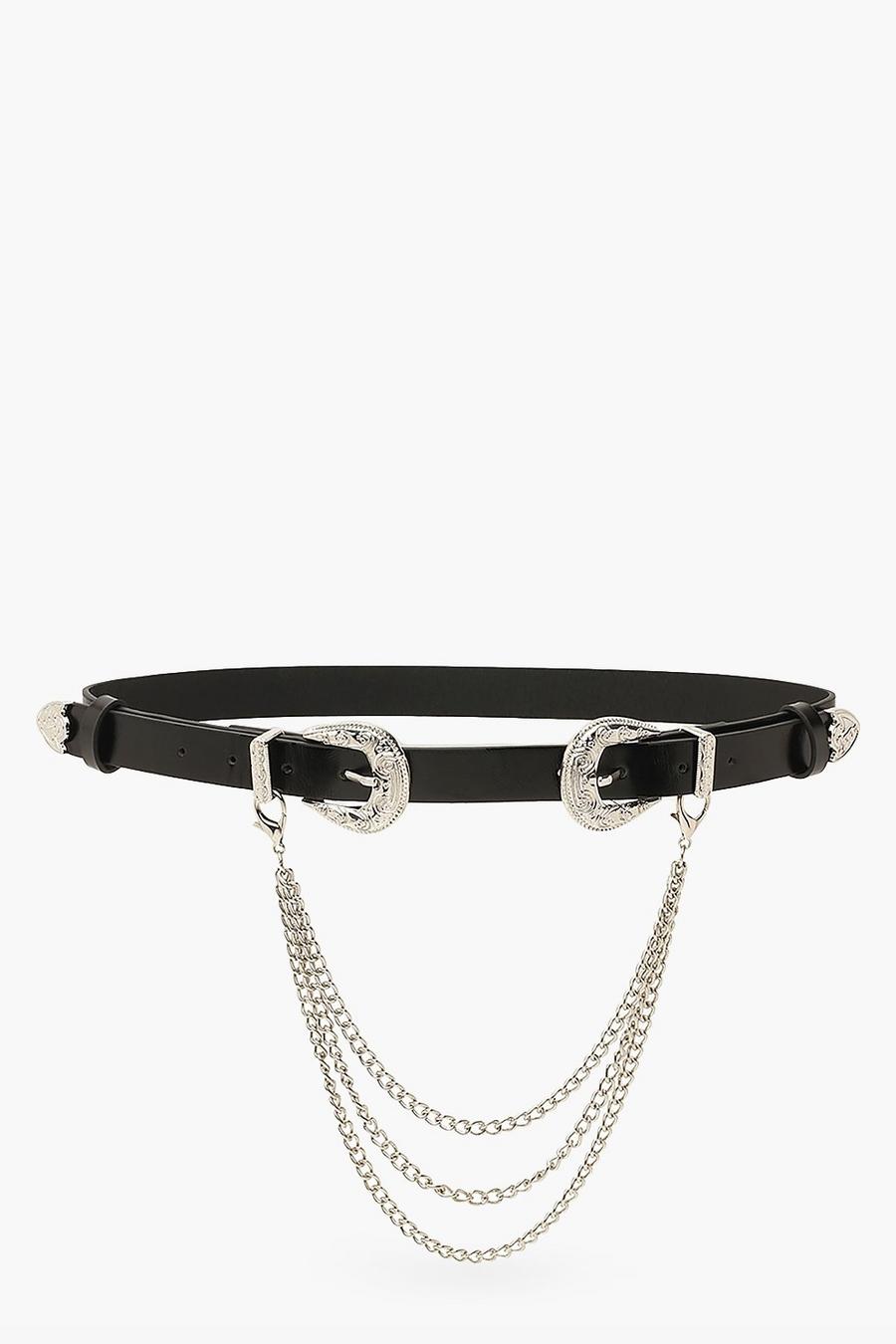 Black Double Western Buckle And Chain Belt image number 1