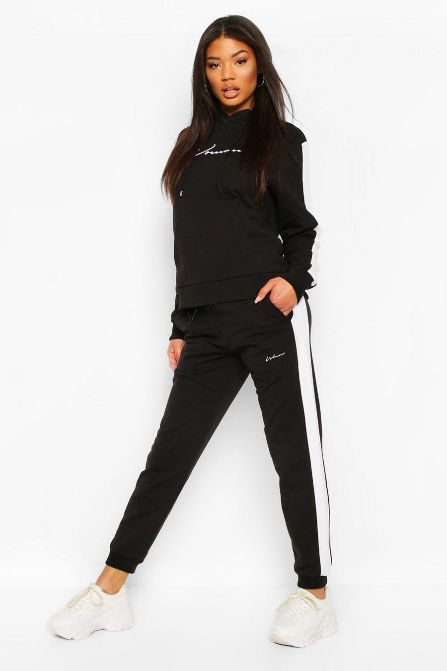 Black Contrast Panel Tracksuit with Woman Embroidery image number 1