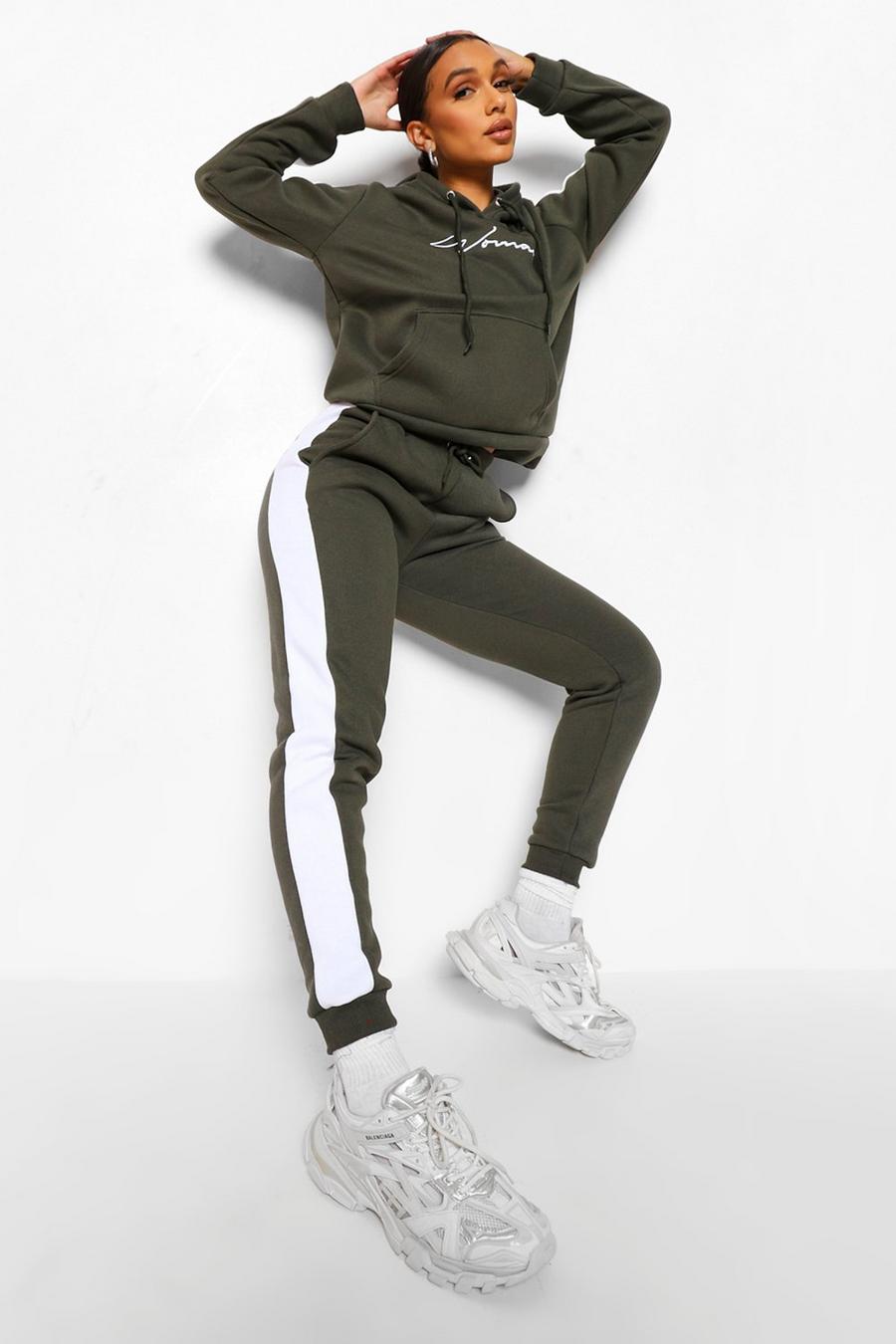 Khaki Contrast Panel Tracksuit with Woman Embroidery image number 1
