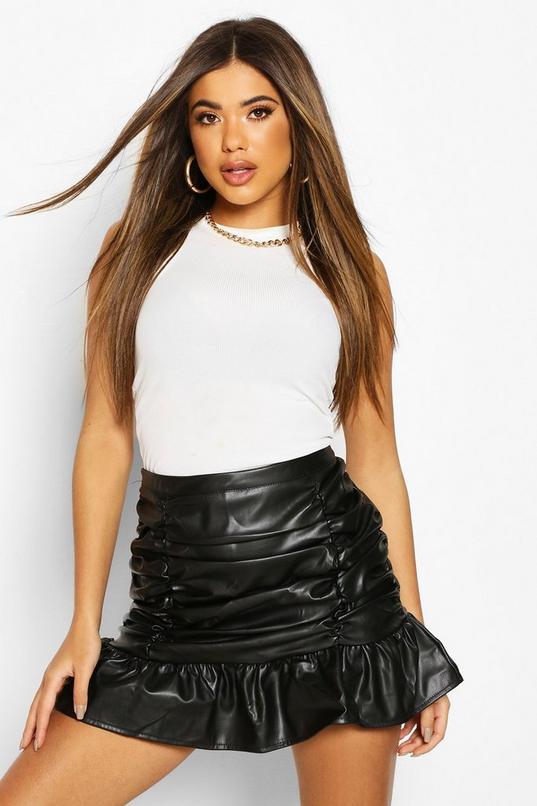 Ruched Front Faux Leather Mini Skirt | boohoo