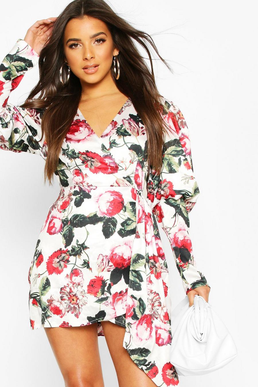 Ivory white Volume Sleeve Wrap Front Floral Playsuit image number 1