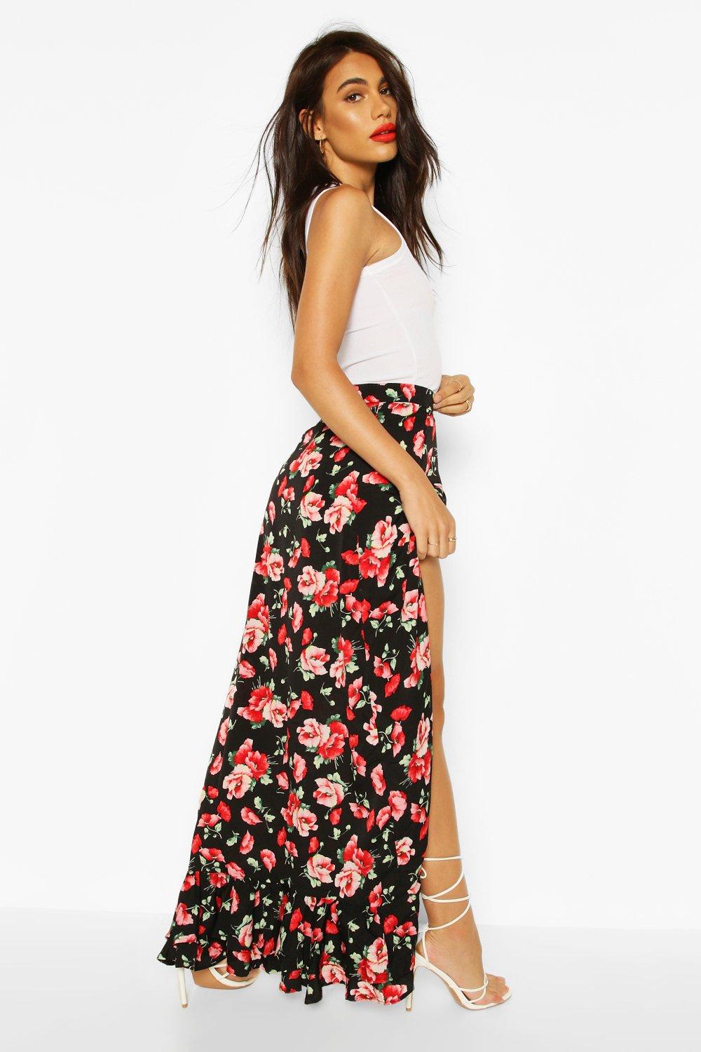 floral ruffle maxi skirt