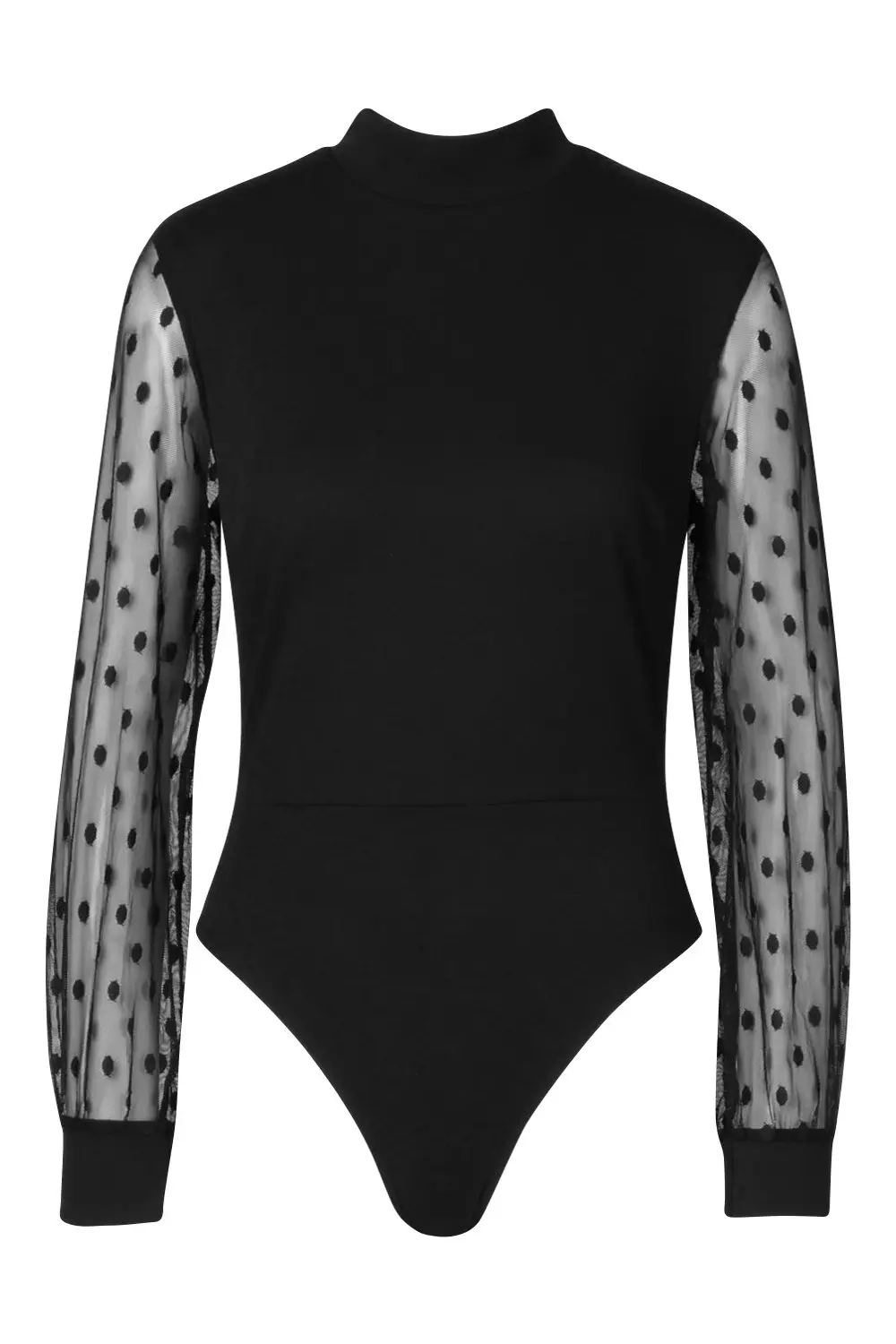 Polka Dot Mesh Sleeve High Neck Bodysuit