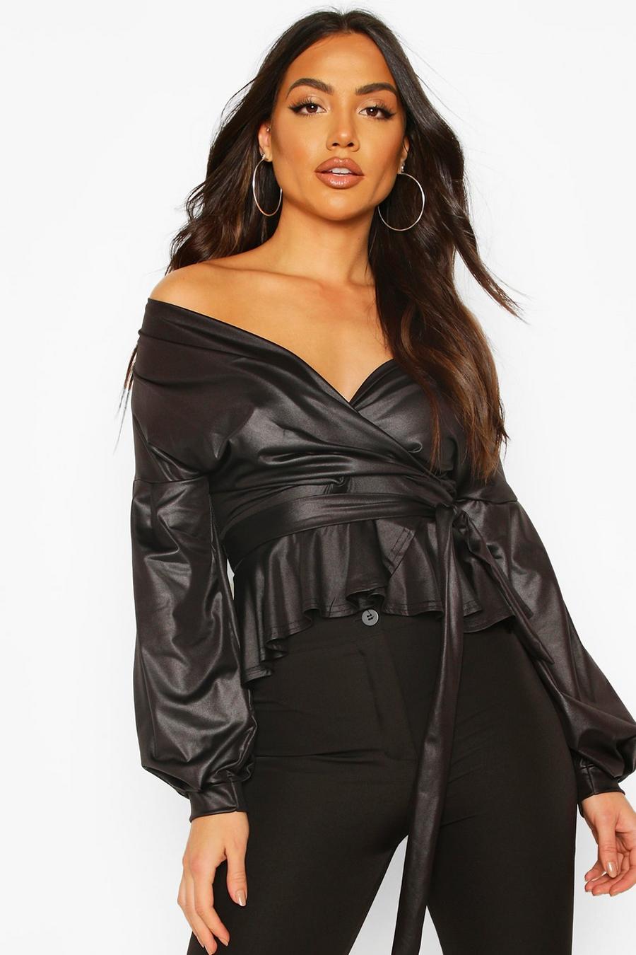 Bell Sleeve PU Off The Shoulder Wrap Top image number 1