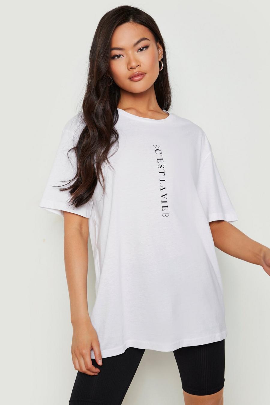 White "C'est La Vie" T-shirt med slogan image number 1