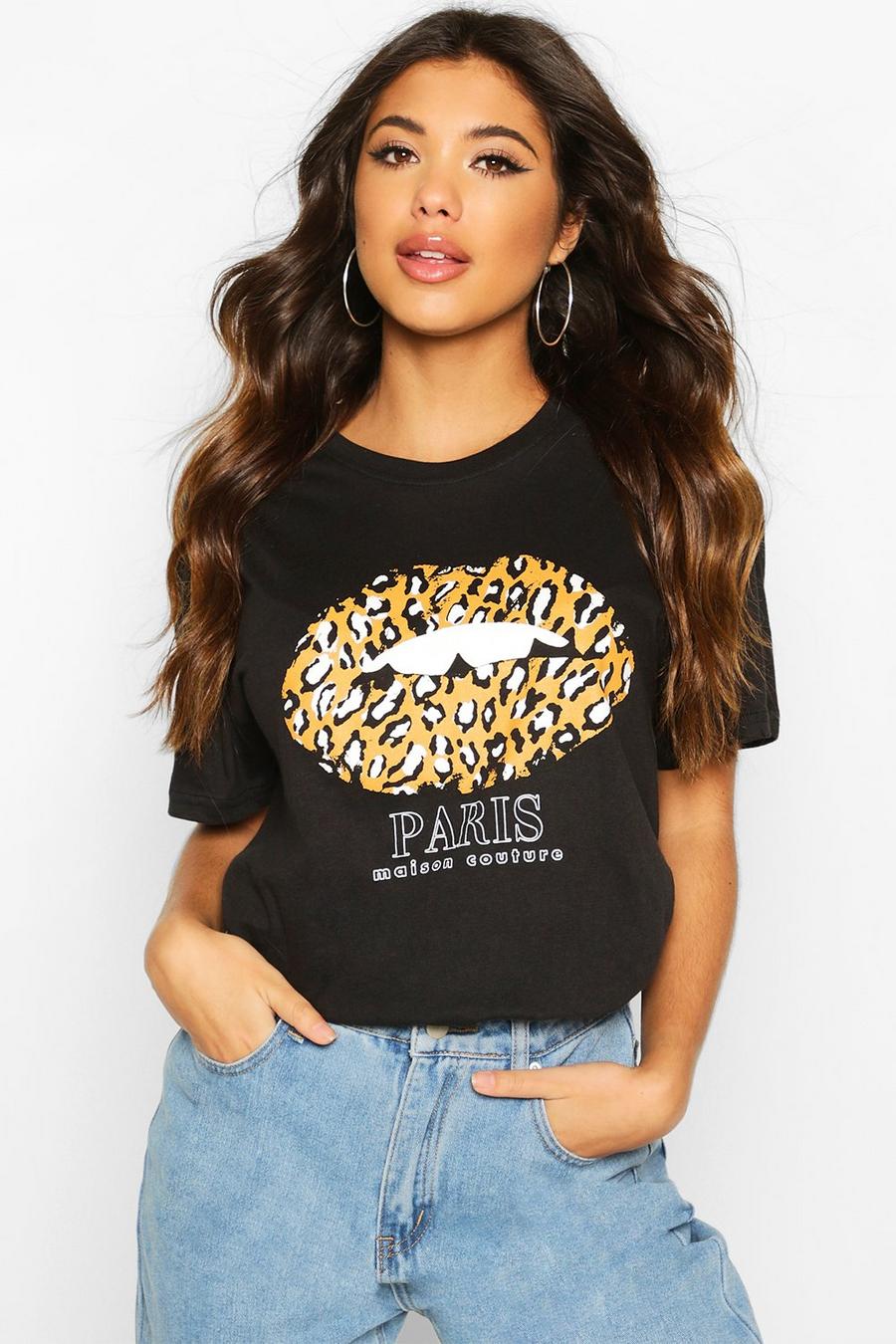 Black Paris Leopard Lips Slogan T-Shirt image number 1