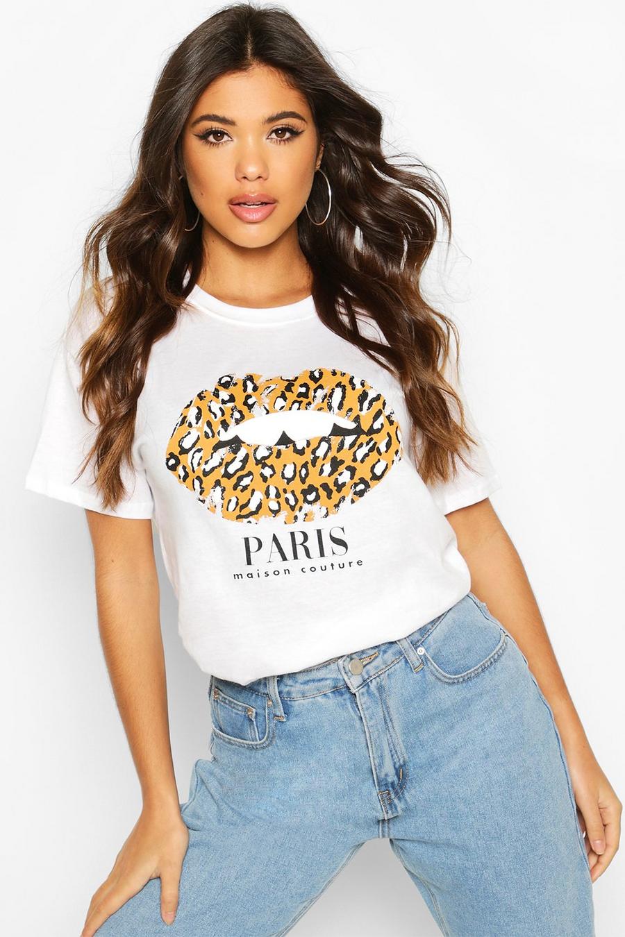 Wit T-shirt met slogan Paris en luipaardlippen image number 1