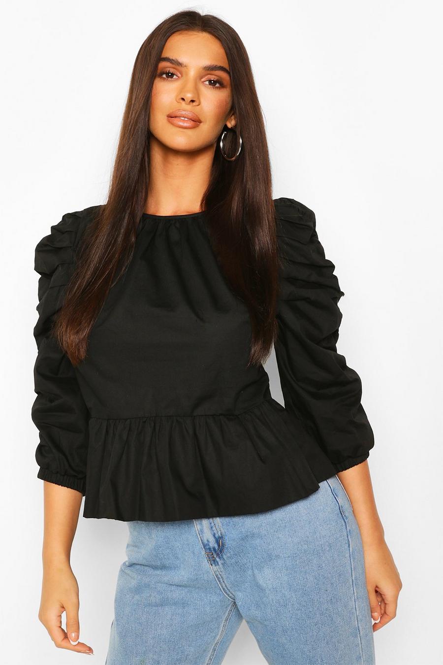 Black Puff Sleeve Cotton Blouse image number 1