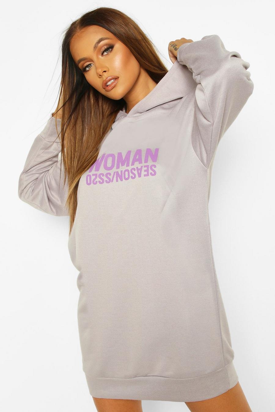 Grey Woman Oversized Slogan Hooded Sweat Dress image number 1