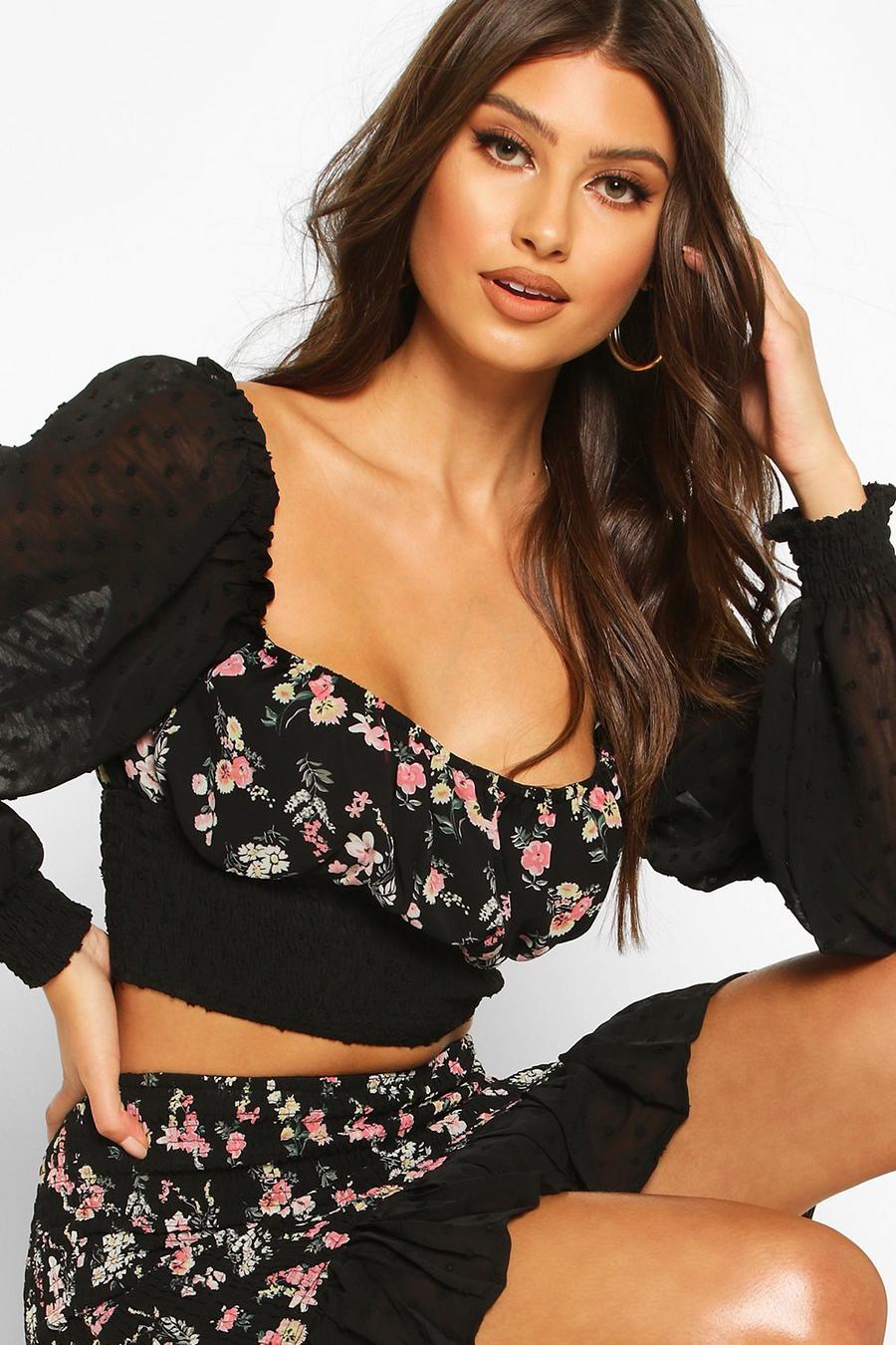 Floral Shirred Dobby Mesh Blouse image number 1