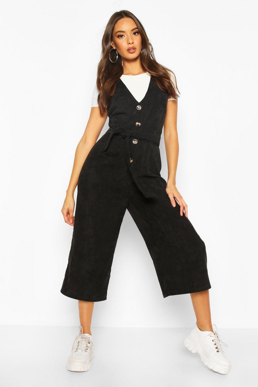 Combinaison chasuble jupe-culotte boutonnée devant en velours côtelé, Noir image number 1